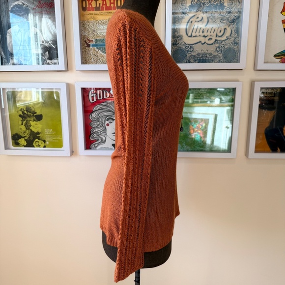 Crochet Burnt Orange Bell-Sleeve Knit Top - Picture 3 of 8